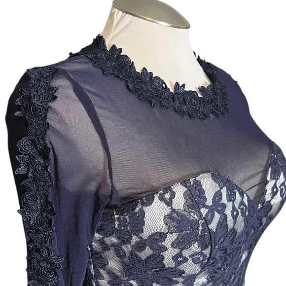 Chi Chi London Navy Lace Illusion Neck Long Sleeve Pleated Fit Flare Dress - Picture 3 of 8